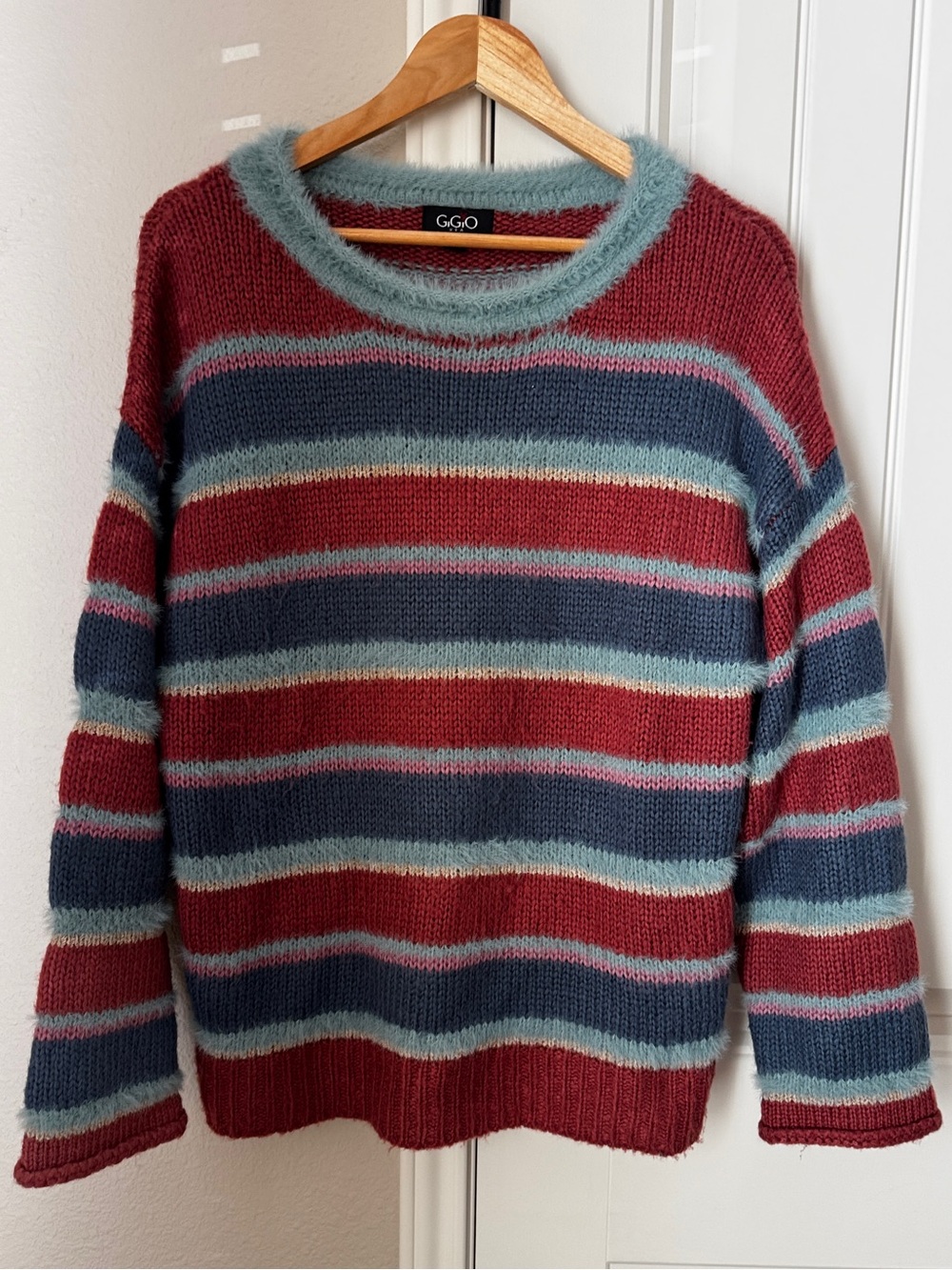 G.G.O Striped Crewneck fuzzy Sweater stripes size small Light Aqua oversized